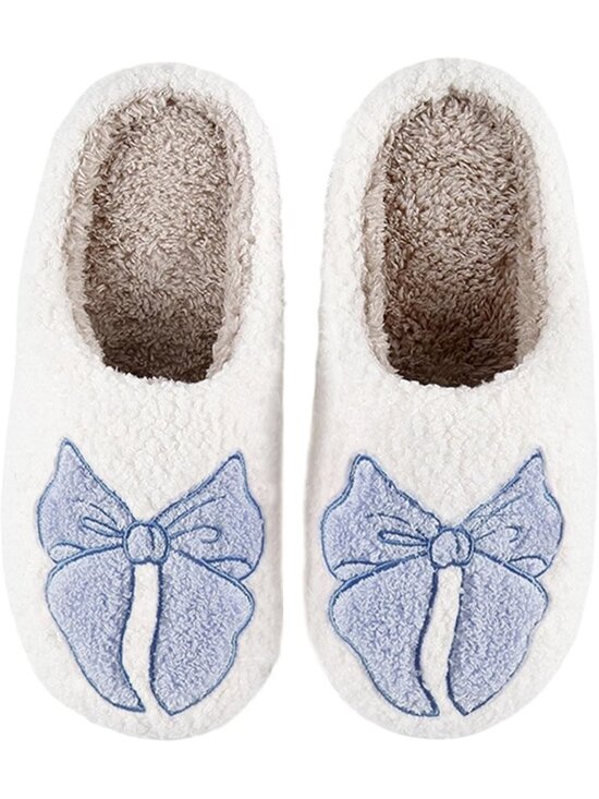 Shoes - Women's Blue Bow Retro Memory Foam Cute Cartoon Fur Lined Indoor Slippers